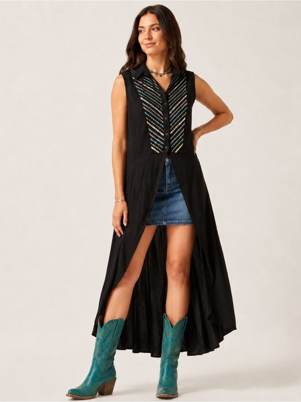 Ariat Women’s Large Black Embroidered Sequin Sleeveless Duster Vest Tunic